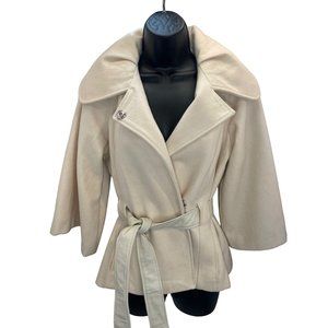 Early 2000s Guess cropped cream wool and leather belted coat, women's size small